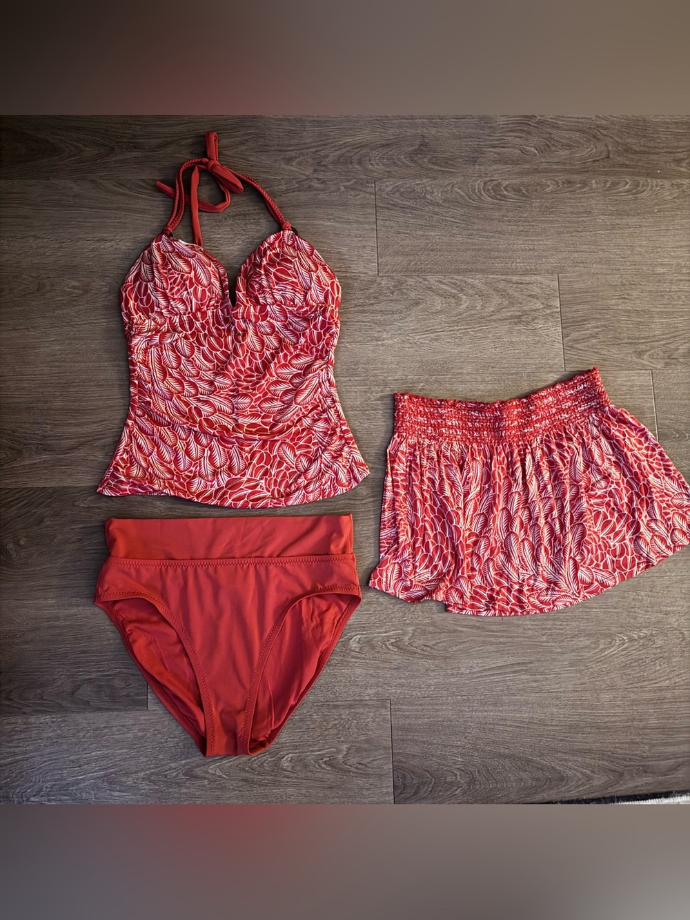 Vintage Robin Piccone Tankini Top with Skirt and Solid Red Bikini Bottoms